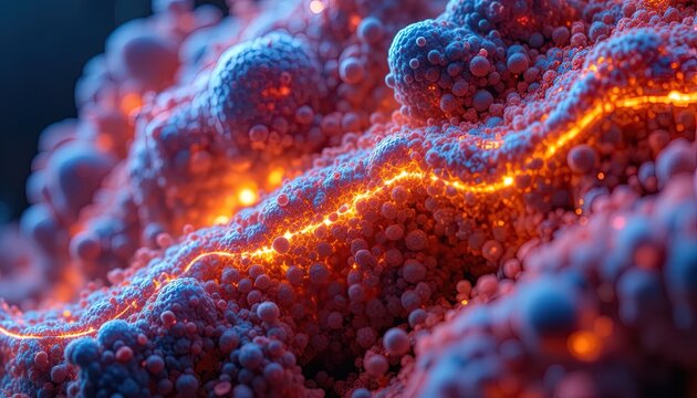 Stunning cellular structure with vibrant energy flow showcases intricate biological processes and advanced research in modern science and medicine