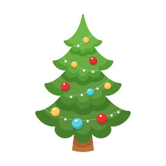 Festive green Christmas tree with colorful ornaments and glowing string lights