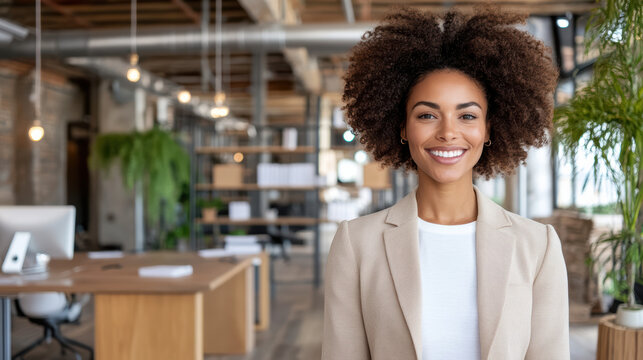 Young professional woman smiling in modern open office with plants and desks