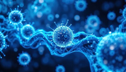Detailed visualization of viral pathogen attacking cells for medical research and educational materials about immunology and infectious disease outbreaks