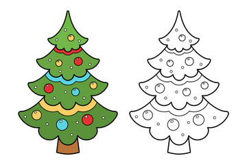 Christmas tree illustration in color and outline for coloring book activity
