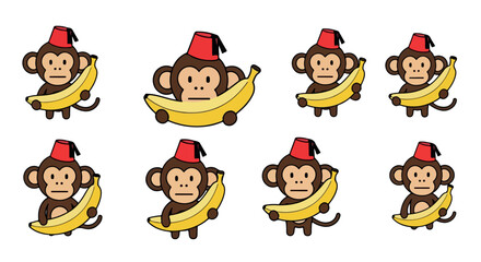 Monkey with fez and banana characters with transparent background