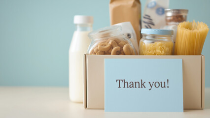 A thank you note alongside various food items in a box, created AI