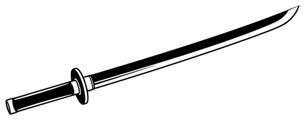 A black and white silhouette of a katana sword, black, blade, dagger, handle, illustration, profile, sword, weapon, against transparent background