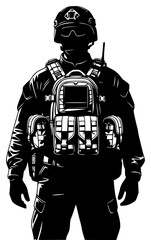A silhouette of a soldier wearing a tactical uniform and carrying a backpack, armor, black, equipment, helmet, illustration, man, profile, soldier, uniform, wear, against transparent background