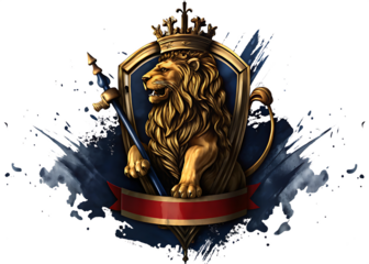 Majestic Golden Lion Crest with Crown and Scepter graphic design isolated on a transparent background