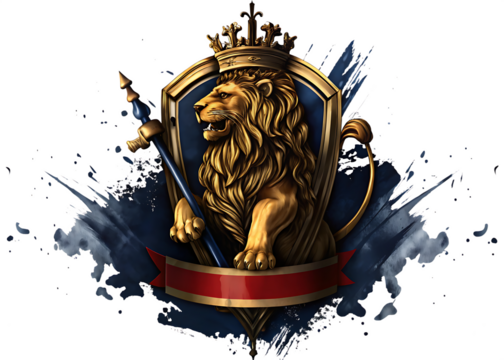 Majestic Golden Lion Crest with Crown and Scepter graphic design isolated on a transparent background