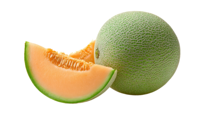 Whole cantaloupe and a bright orange slice with seeds on black