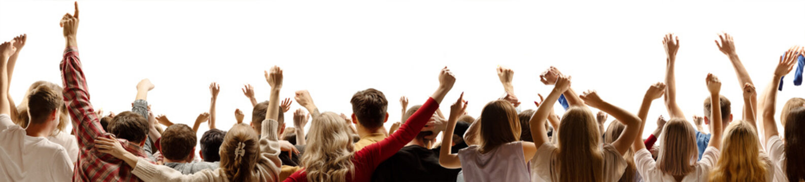 Enthusiastic people raising hands in energetic crowd scene on transparent background. Concept of celebrations, festivals, mass events, marketing visuals.