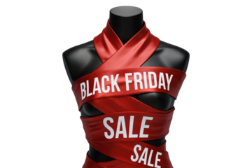 Black mannequin wrapped in red ribbons promoting Black Friday sale