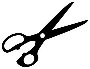 A black silhouette of a pair of scissors on a , black, icon, profile, scissors, shear, tool, against transparent background