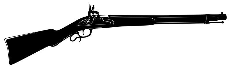 A black and white silhouette of a flintlock rifle, black, gun, handgun, icon, illustration, machine gun, profile, rifle, shotgun, toy gun, weapon, against transparent background