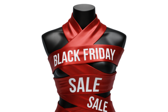Black mannequin wrapped in red ribbons promoting Black Friday sale