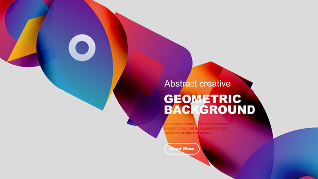 Abstract geometric shapes overlap, creating vibrant colorful background. Text promotes creative design, includes call to action.