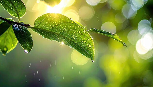 Green leaves covered in water droplets are illuminated by soft sunlight, with light rain falling in the background.