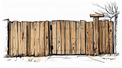 Hand-drawn wooden fence and gate illustration with a post and hint of a tree