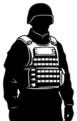 A silhouette of a soldier wearing a bulletproof vest and a helmet, armor, black, construction worker, crate, guard, illustration, man, profile, soldier, wear, against transparent background