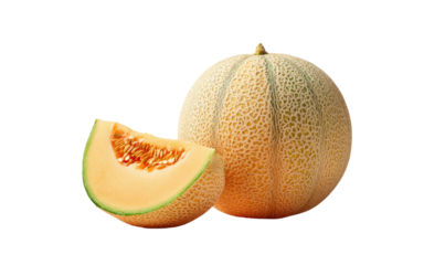 A ripe cantaloupe with a slice revealing its juicy orange interior