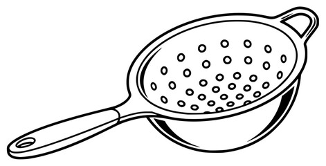 A black and white line drawing of a strainer, black, brush, colander, draw, illustration, kitchenware, strainer, against transparent background