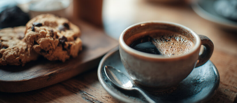 close up coffe espresso and cookies - Powered by Adobe