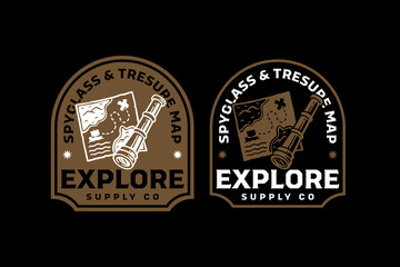 Spyglass and treasure map retro badge logo vector design set for explore. Telescope and navigation map vintage patch illustration pack for adventure. Binocular and chart map emblem sticker elements
