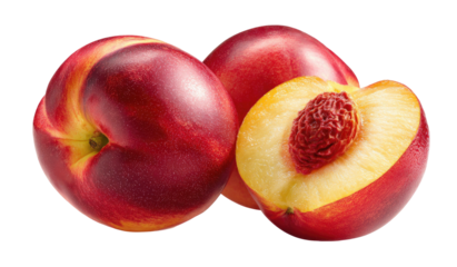 Two whole nectarines and one halved showing pit and flesh