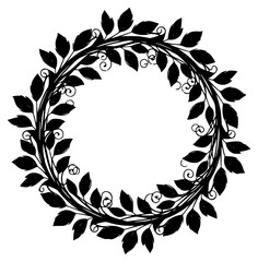A black and white illustration of a wreath of leaves and vines, black, branch, circle, curl, design, flower, frame, illustration, swirl, twig, wreath, against transparent background