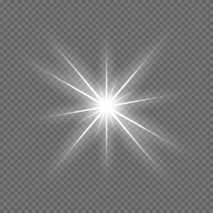 Light glare. White glowing light flare with soft blurred rays on transparent background. Bright shining burst with smooth gradient illumination and radiant glow effect. Abstract vector illustration.