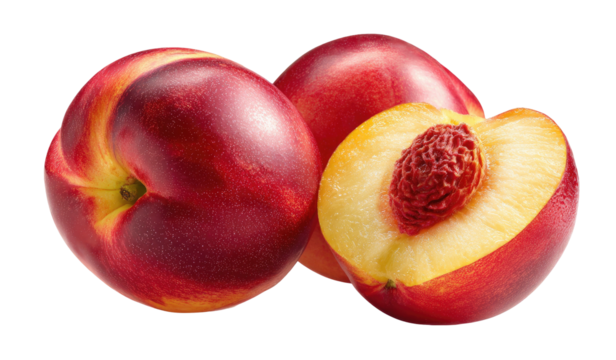Two whole nectarines and one halved showing pit and flesh