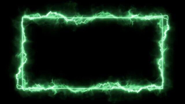 A pulsating green electric border illuminates a dark background, creating an energetic frame.