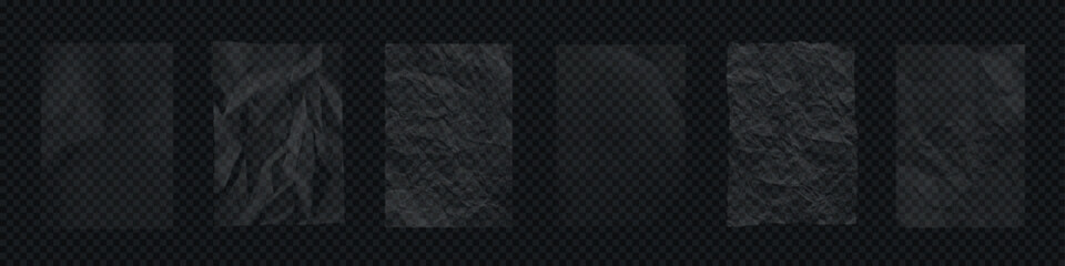 Transparent crumpled plastic textures. Set of wrinkled clear film overlays with light reflections on dark transparent background. Realistic vector illustration.