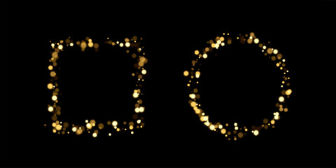 Golden glitter bokeh frames. Abstract glowing particles forming square and circular shapes on black background. Sparkling festive border, luxury decoration, shimmering lights. Vector illustration.