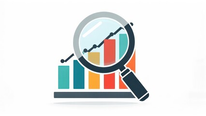 Icon depicting business analysis with bar graph, trend line, and magnifying glass