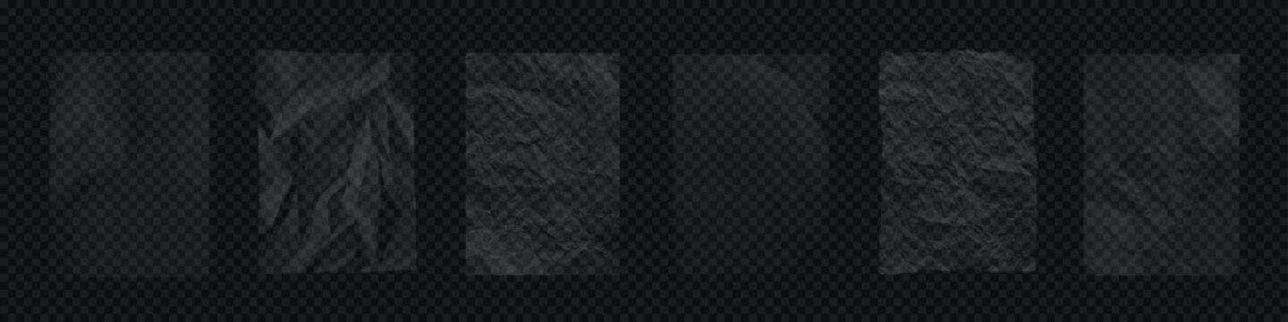 Transparent crumpled plastic textures. Set of wrinkled clear film overlays with light reflections on dark transparent background. Realistic vector illustration.