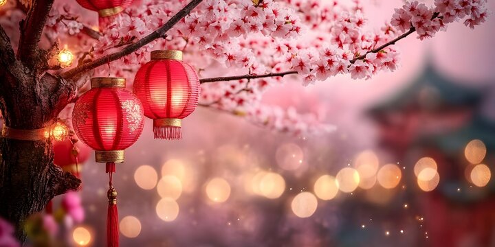 Pink, red, and golden lanterns on Japanese sakura tree for Lunar New Year, with glitter and bokeh lights.