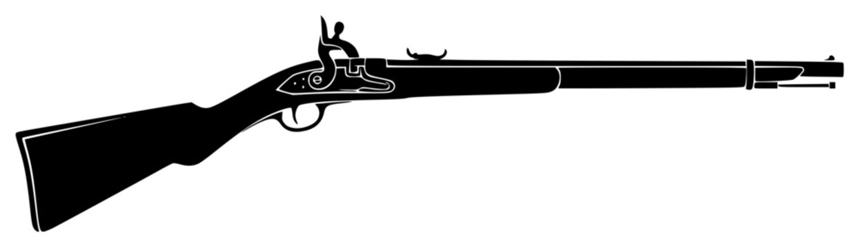A black and white silhouette of a flintlock rifle, black, gun, handgun, icon, illustration, machine gun, profile, rifle, shotgun, toy gun, weapon, against transparent background