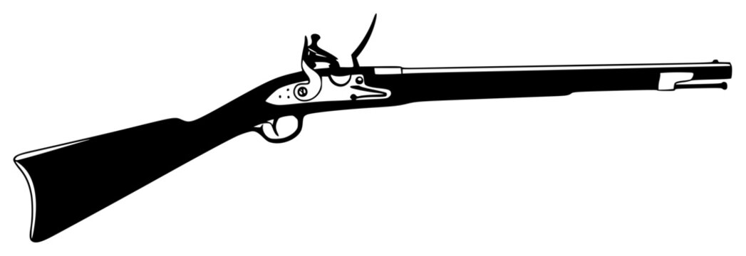 A black and white silhouette of a flintlock rifle, black, gun, handgun, illustration, machine gun, profile, rifle, shotgun, toy gun, weapon, against transparent background