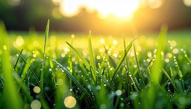 Dew drops on green grass blades catch the golden morning sun, creating a beautiful bokeh effect in the background.