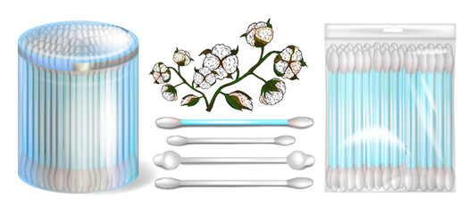 A realistic illustration of cotton swabs in various forms, including a transparent plastic jar, a sealed zip bag, and individual cotton buds, detailed cotton plant branch. 
