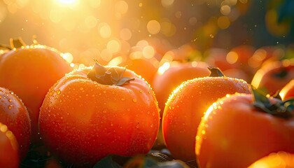 A collection of ripe persimmons glistening with water droplets, bathed in the warm glow of golden hour sunlight.