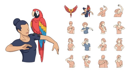 Woman communicating with parrot in sign language poses
