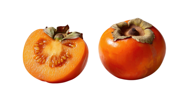 Ripe orange fruit, whole and halved, on black background