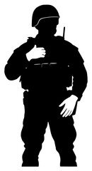 A silhouette of a soldier in a military uniform, standing with a neutral expression, army, black, guard, gun, man, profile, rifle, snowboarder, soldier, stand, uniform, against transparent background