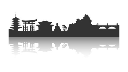 Naklejka premium Japan skyline with silouettes of famous places, ancient attractions and reflection in water. Pagoda, torii gate, shrine, giant Buddha, castle, bridge. Vector illustration on a transparent background