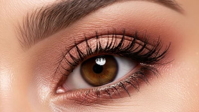 Macro shot of a female brown eye with beautiful evening makeup. Professional cosmetics and perfect eyebrow shape for a beauty salon advertisement or glamour concept