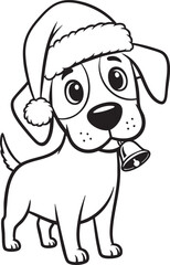 Adorable cartoon puppy wearing a Santa hat holding a jingle bell in its mouth line art illustration.