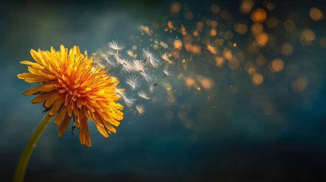 Yellow dandelion flower releasing delicate seeds into the air with bokeh lights creating a magical and serene atmosphere in soft focus background