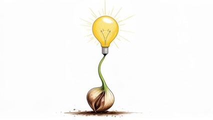 Illuminated bulb with light rays connected to a growing plant, symbolizing an idea's emergence