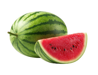 Juicy, ripe watermelon with a slice revealing bright red flesh and seeds