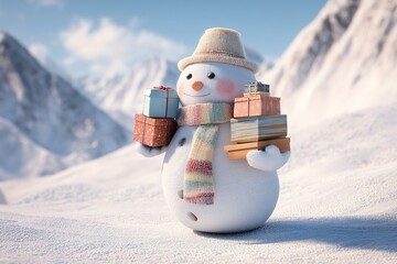 Snowman with pastel gifts standing in snowy mountain landscape